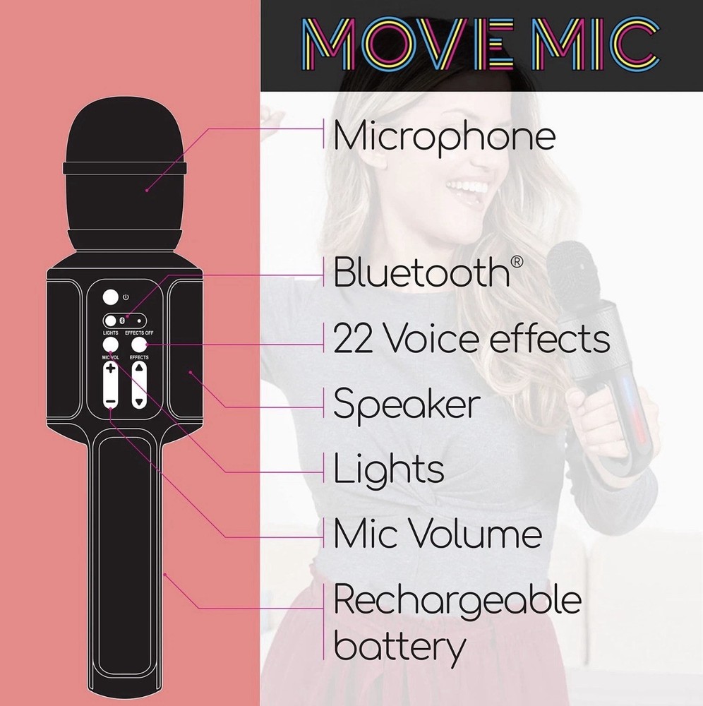 Singing Machine Move Mic Wireless Handheld Bluetooth Karaoke Microphone w/Speake