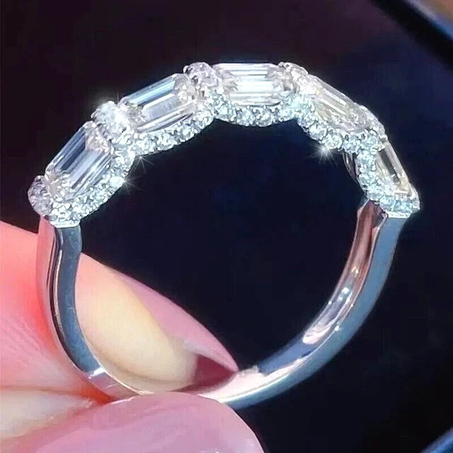 2 Ct Emerald Cut Lab Created Half Eternity Band Ring 925 Sterling Silver