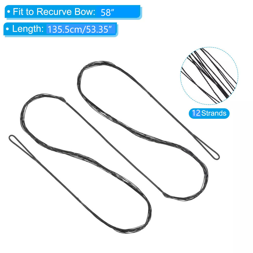 2 Pack 53" Recurve Bow String 12 Strands Archery Bowstrings Replacement Black US