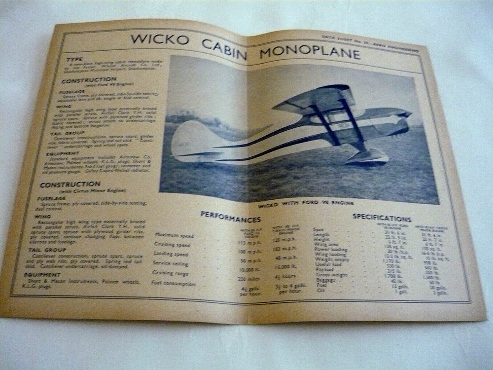 Vintage Aero Engineering Data Sheets - Choice of Aircraft - Good Condition