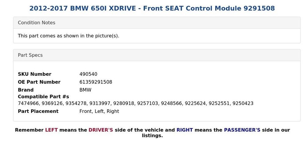 2012-2017 BMW 650I XDRIVE - Front SEAT Control Module 9291508