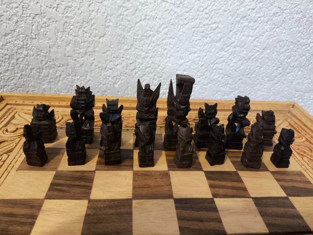 Hand Carved Wooden Aztec Chess Set Checkers (missing 4 checkers)