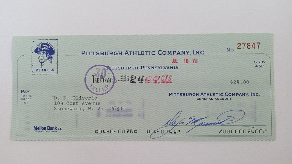 D.F. Oliverio: 1978 Pittsburgh Pirates Expense Check