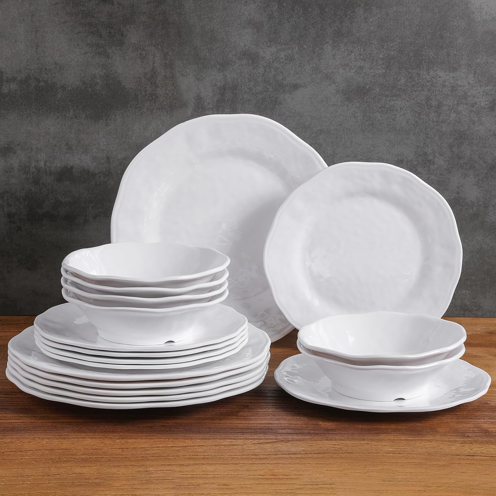 White Melamine Dinnerware Set, 18 Pcs Lightweight and Unbreakable Outdoor Plates