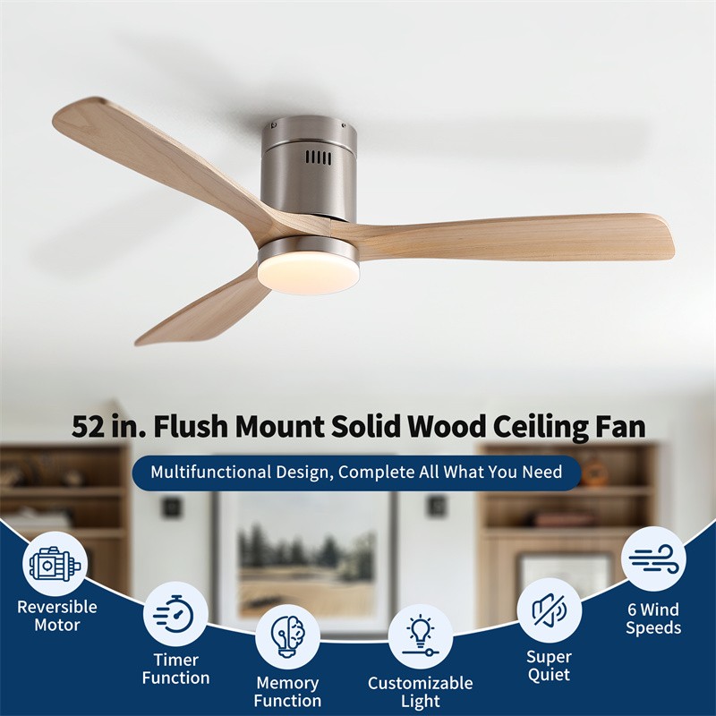 52" Modern Flush Mount Solid Wood Ceiling Fan Reversible w/Wall Switch/Remote