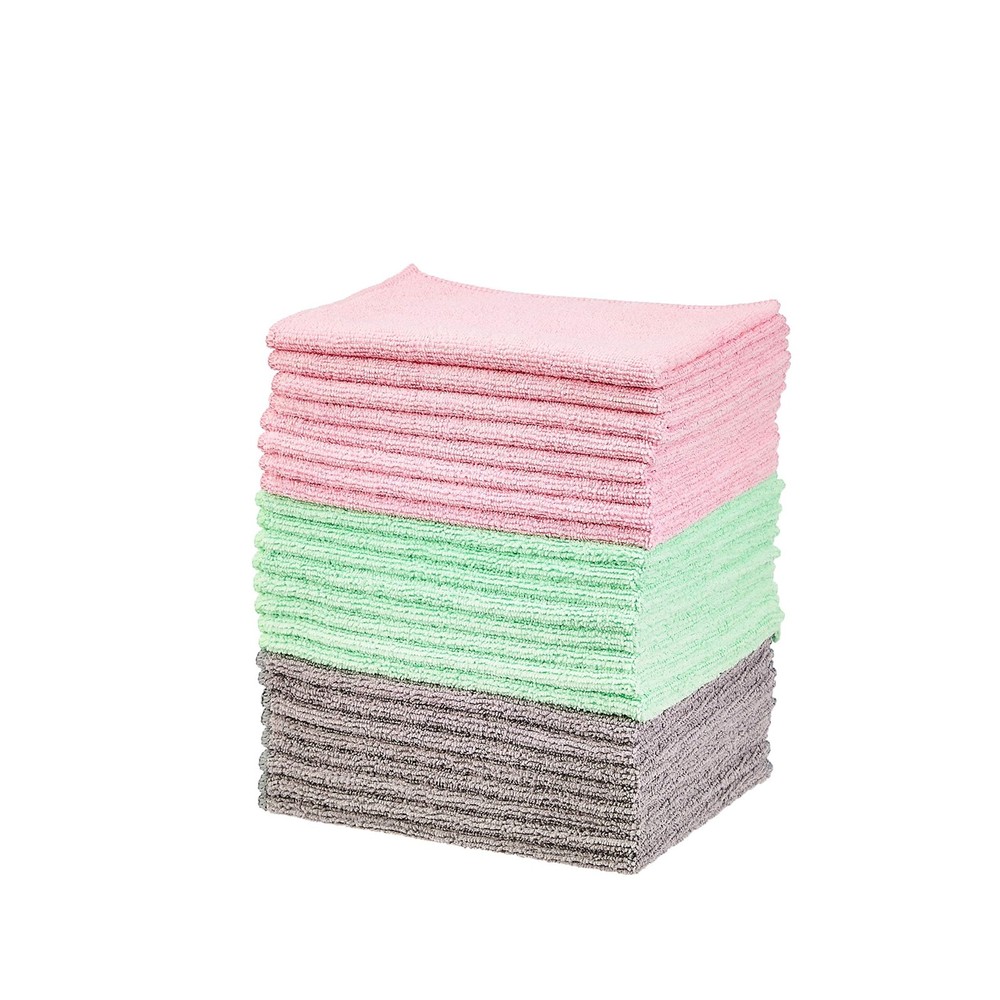 Amazon Basics Microfiber Cleaning Cloths, Ultra-Soft 24-Pack, Green/Gray/Pink