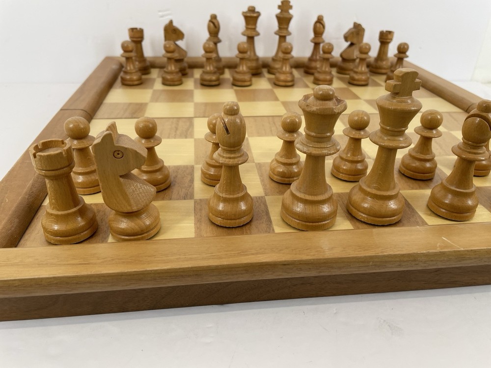 Wood Chess Set In 17.5” Folding Board Storage Box Complete