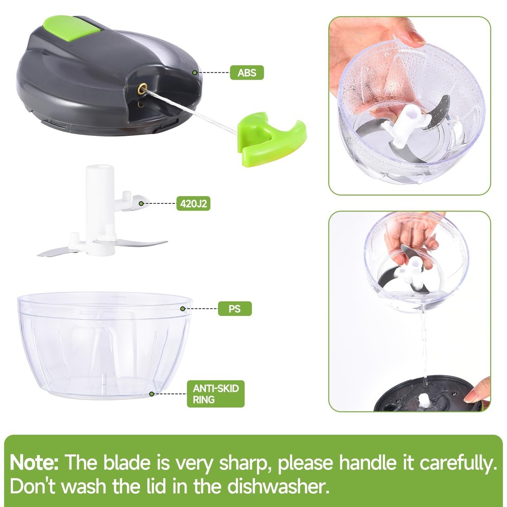 Ziweaye Manual Food Processor Vegetable Chopper, Portable Hand Pull String Ga...