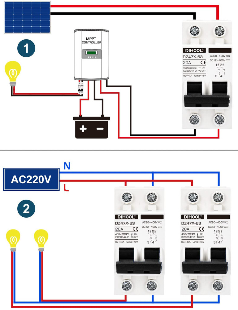 DIHOOL Solar Disconnect Switch, 20 Amp 2 Pole, DIN Rail Mount, Non Polarized, 12