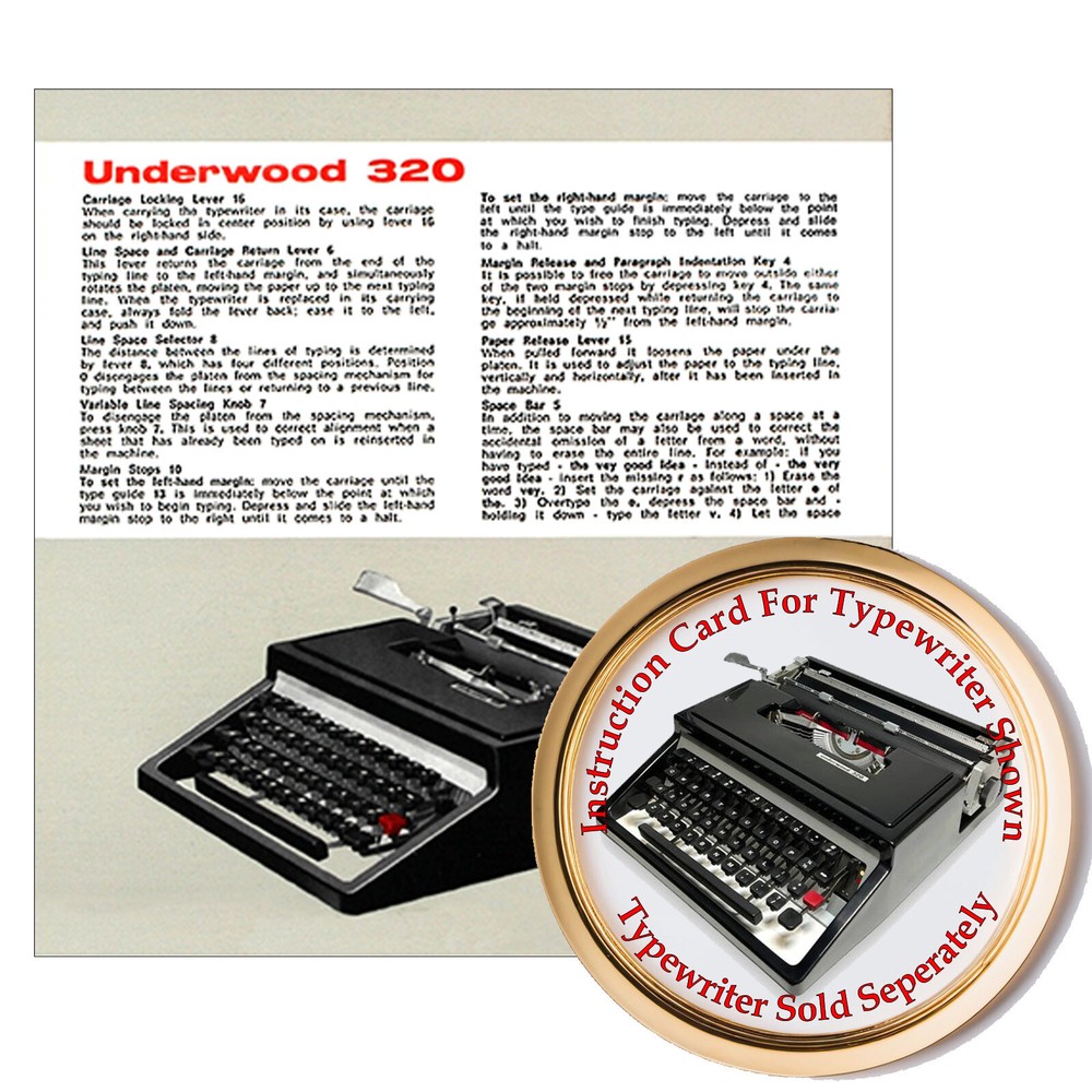 Underwood 320 Typewriter Owner's User Instruction Card Guide
