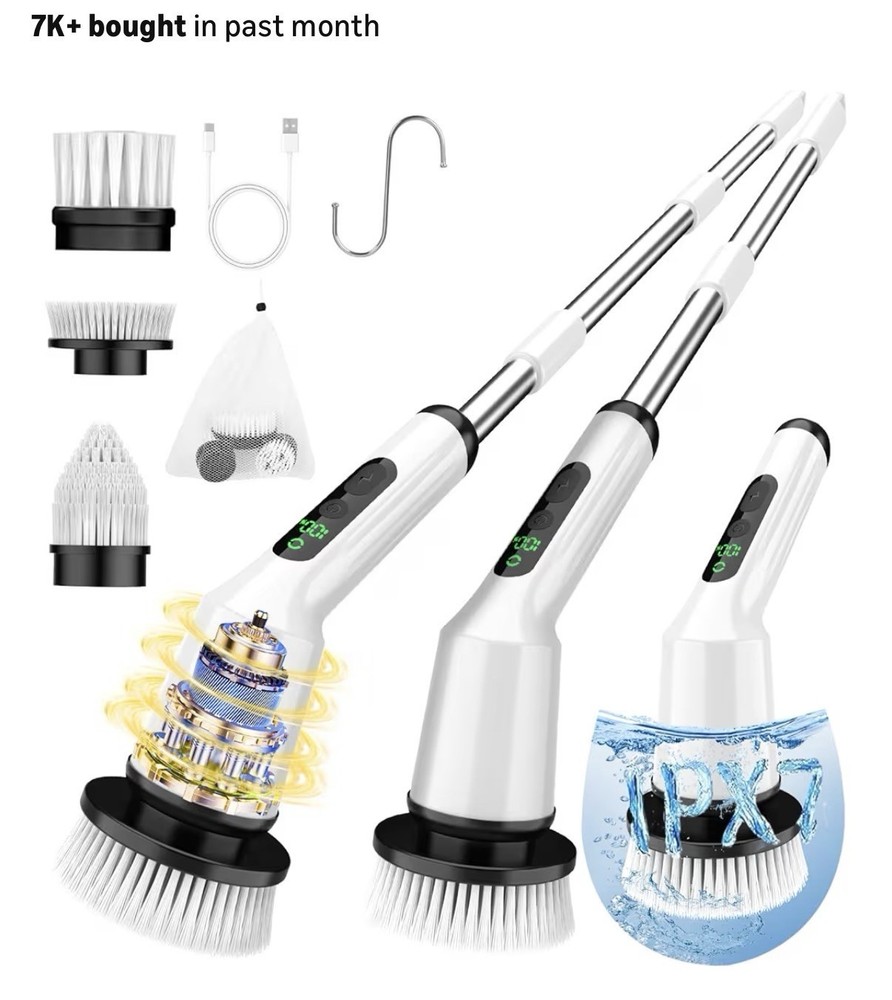 IPX7 Waterproof Adjustable Power Brush, Rechargeable, Bathroom/Kitchen