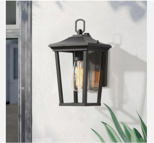 LALUZ Modern Textured Black Outdoor Wall Lantern Sconce 1-Light Exterior Glass