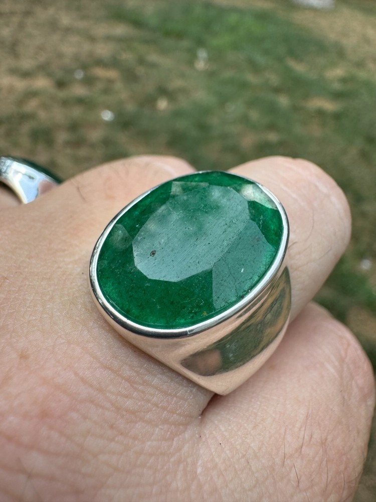 Large 18ct Genuine Emerald Gemstone Mens Real Solid 925 Silver Oval Signet Ring