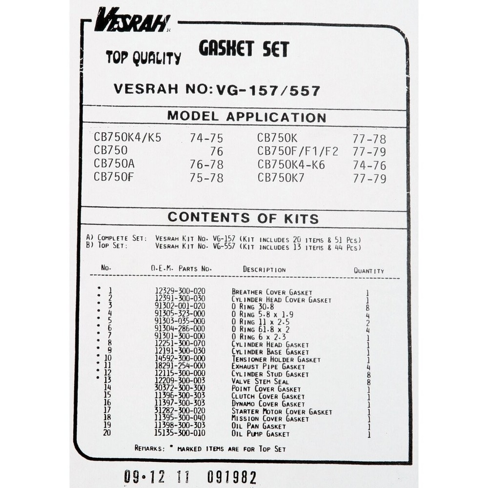 Vesrah Complete Gasket Set - VG157