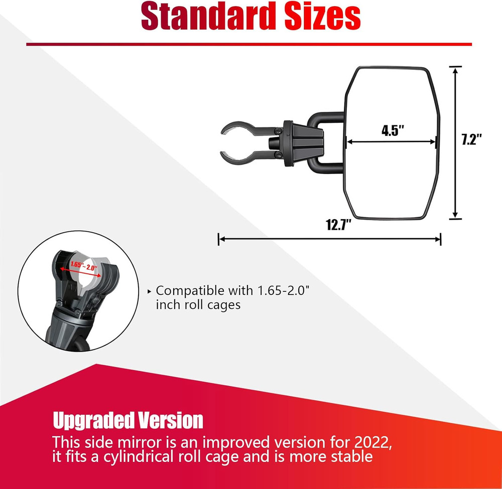 UTV Side Mirrors for 1.65"-2" Roll Cage, Aluminum Solid Bracket,2023 New UTV Mir