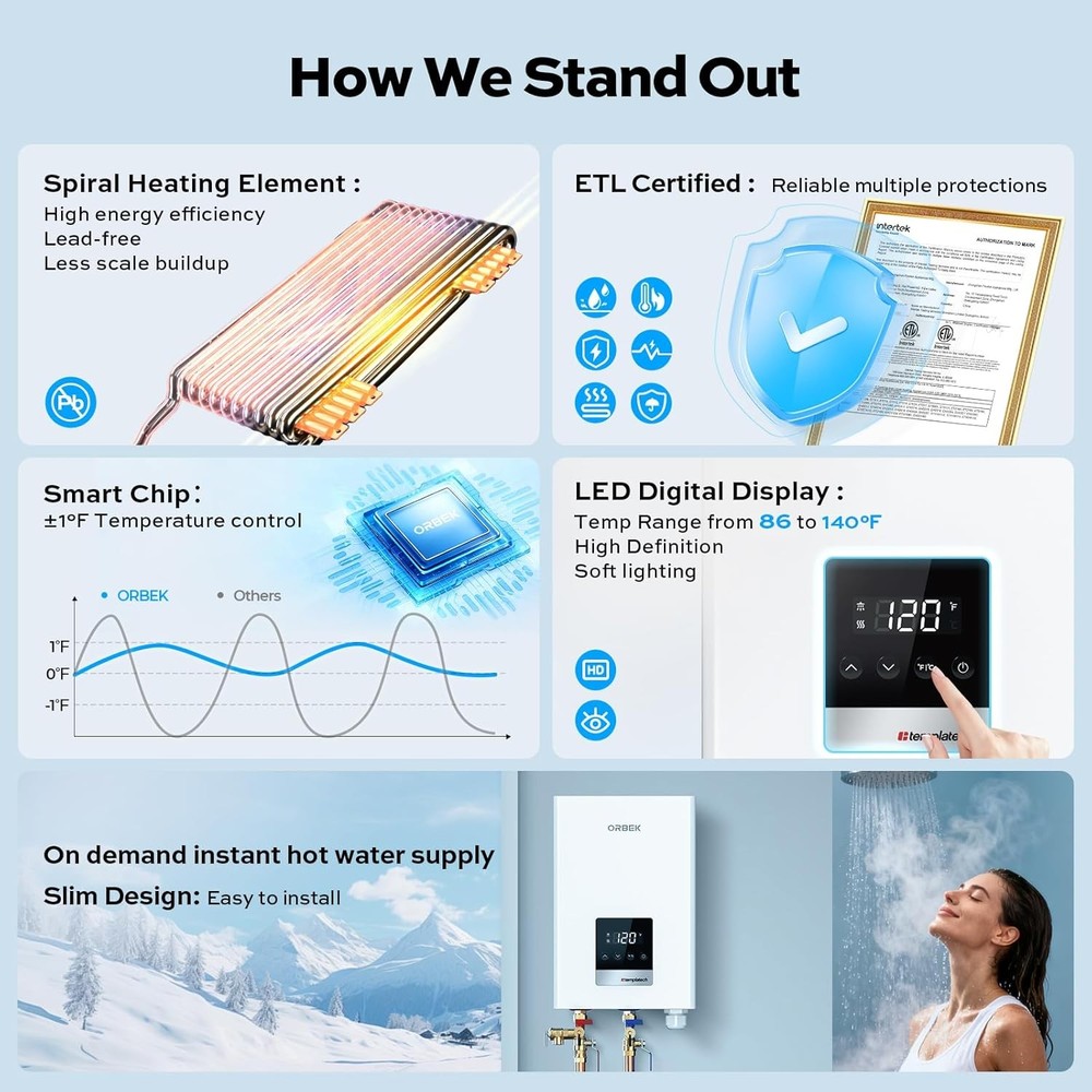 ORBEK 14KW Electric Tankless Water Heater on Demand Hot Water Heater Whole House