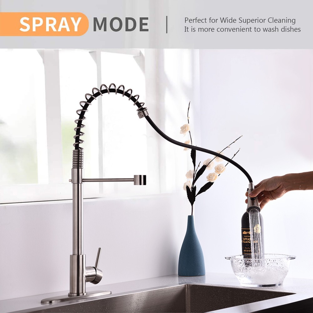 Pull Down Kitchen Sink Faucet Swivel Single Handle with Deck Plate Brushed