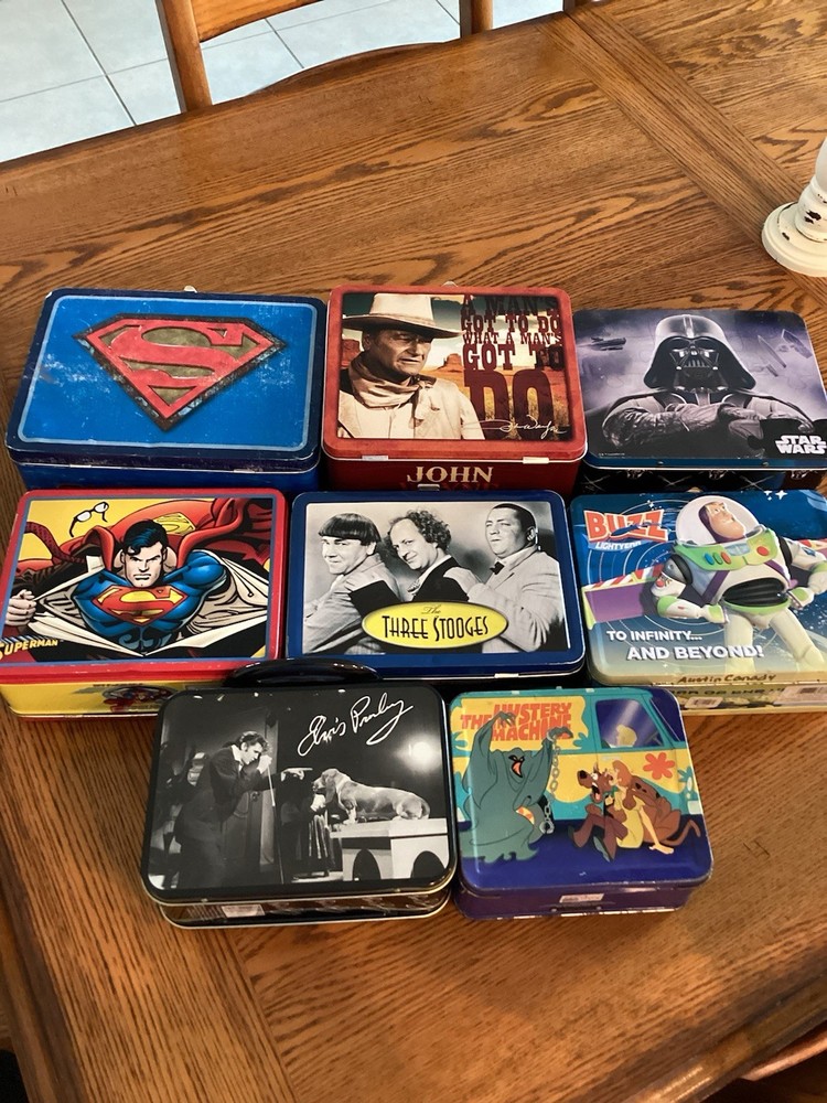 8 Different Lunchboxes, Superman,J. Wayne, Star Wars, Stooges, Buzz,Scooby,Elvis