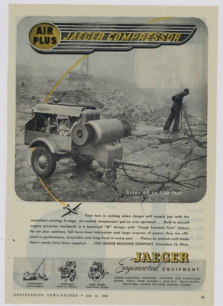 1944 Jaeger Compressor Ad: Jaeger Engineered Equipment - Columbus, OhiO