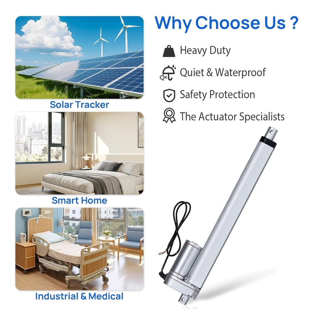 Durable 12V 330lbs Linear Actuator with Low Noise Operation & Mounting Brackets