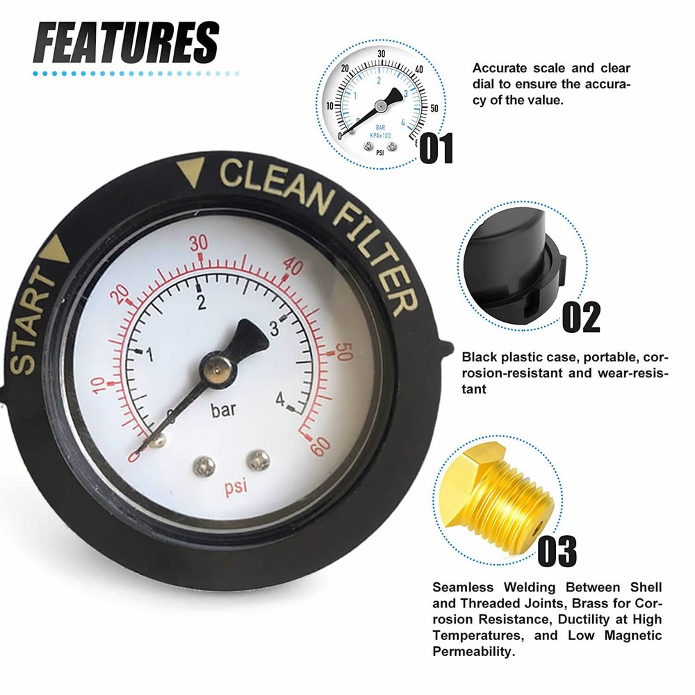 2" Black Case - Lower Mount POOL FILTER PRESSURE GAUGE