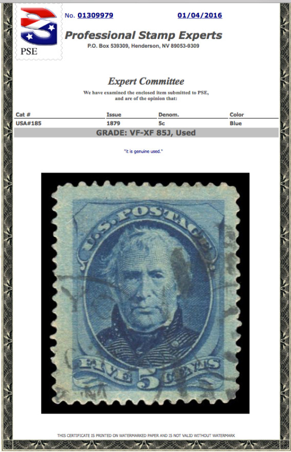 #185 Used PSE Graded 85J, Cert # 01309979