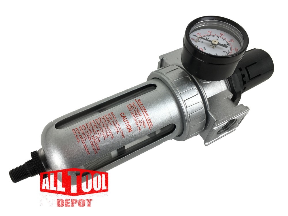 1/4" Mid Flow Air Compressor Regulator & Filter Combo w/ Gauge /Auto Drain