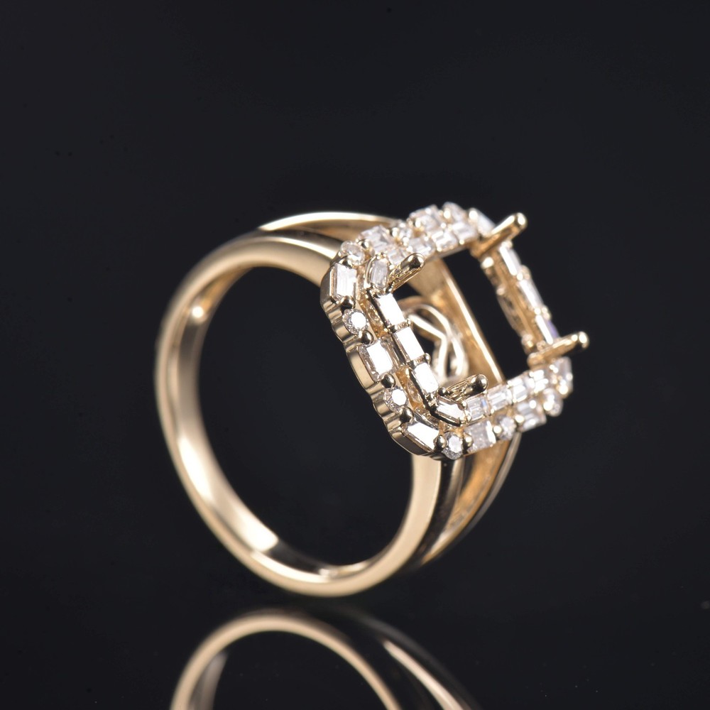 Art Deco Emerald Cut 8×10mm Setting Natural Diamond Lady Ring Solid 14K YG Mount