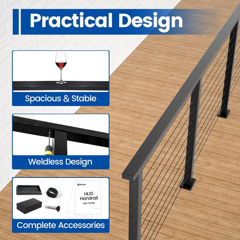 6'6" Aluminum Black Cable Railing Handrail Rectangular Handrail for Cable Rai...