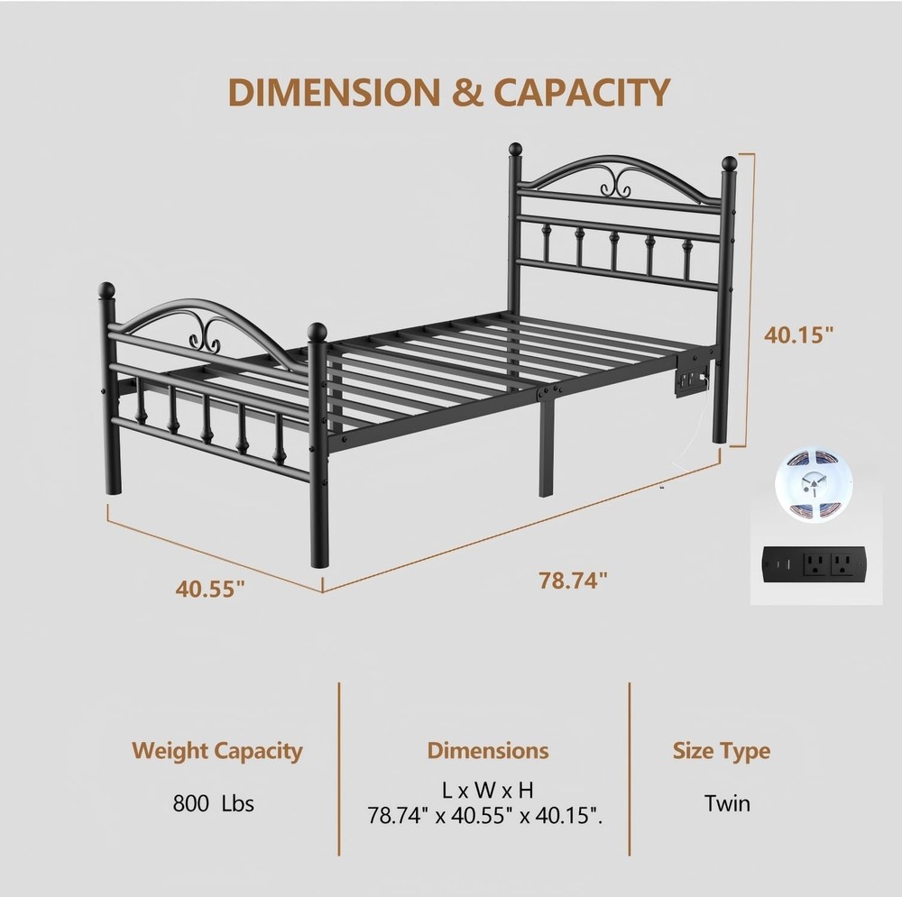 Twin Size Bed Frames with Charging Station,Black Metal Platform Bed Frame wit...
