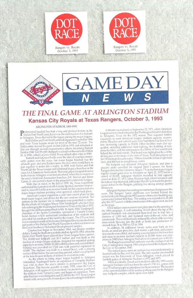 Texas Rangers Final Game Arlington Stadium Oct 3, 1993 Commemorative Program