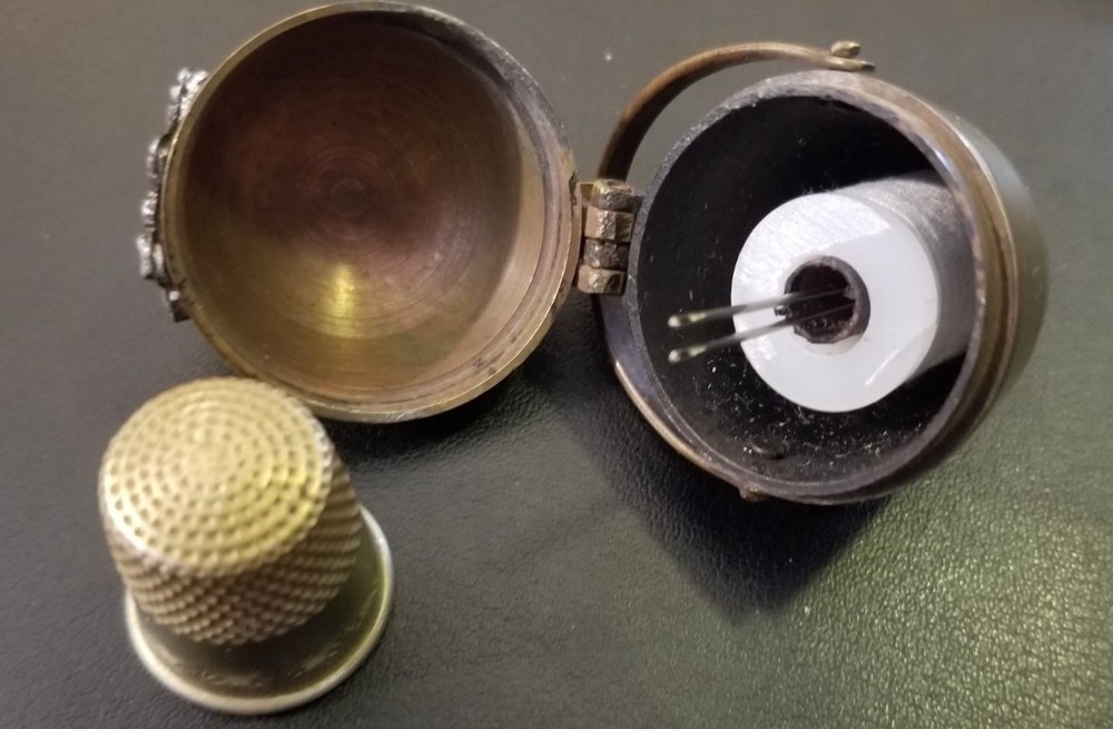 Antique Victorian Brass Egg Chataleine Thimble Needle Thread