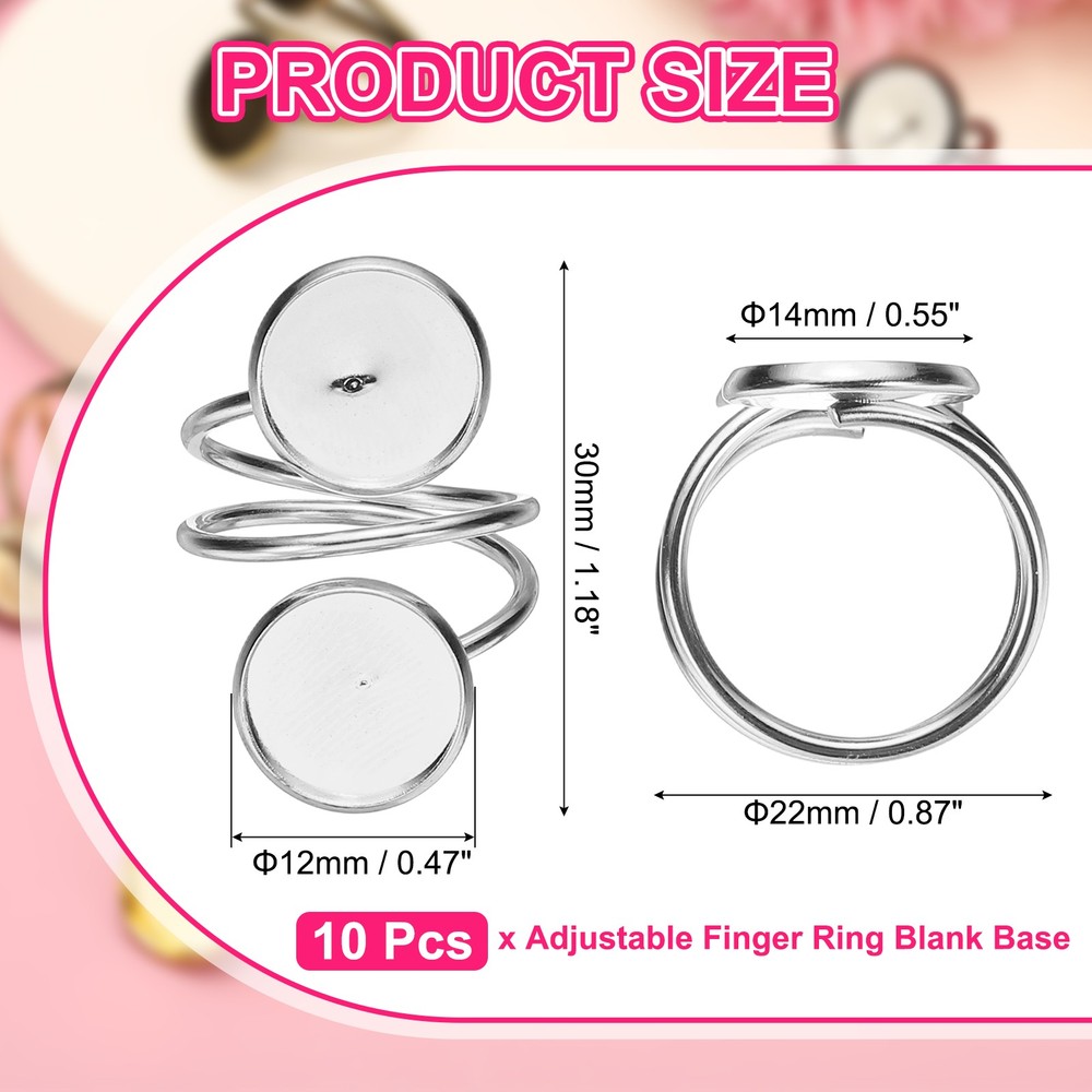 Ring Blank, 10 Pcs Adjustable Finger Ring Blank Base 12mm, White Gold