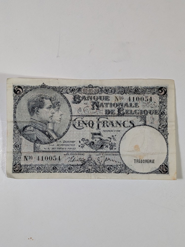 1938 BELGIUM 5 FRANCS BANKNOTE