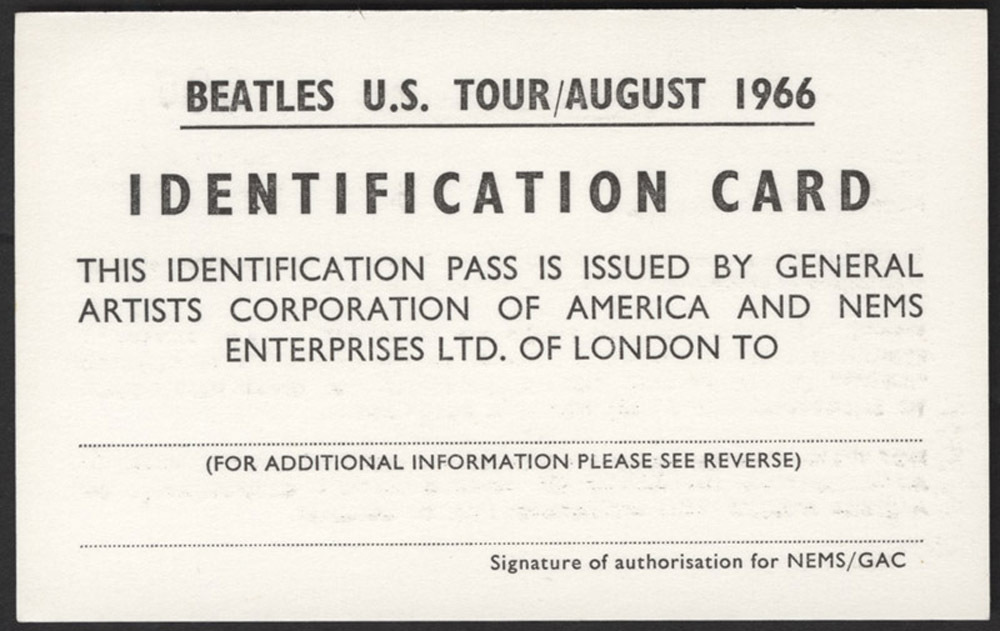 BEATLES 'US Tour / August 1966' Identification Card - preprint