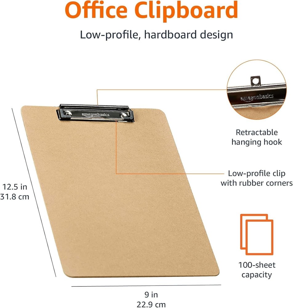 Amazon Basics Hardboard Office Clipboard, Low-Profile, Letter 6-Pack, Brown