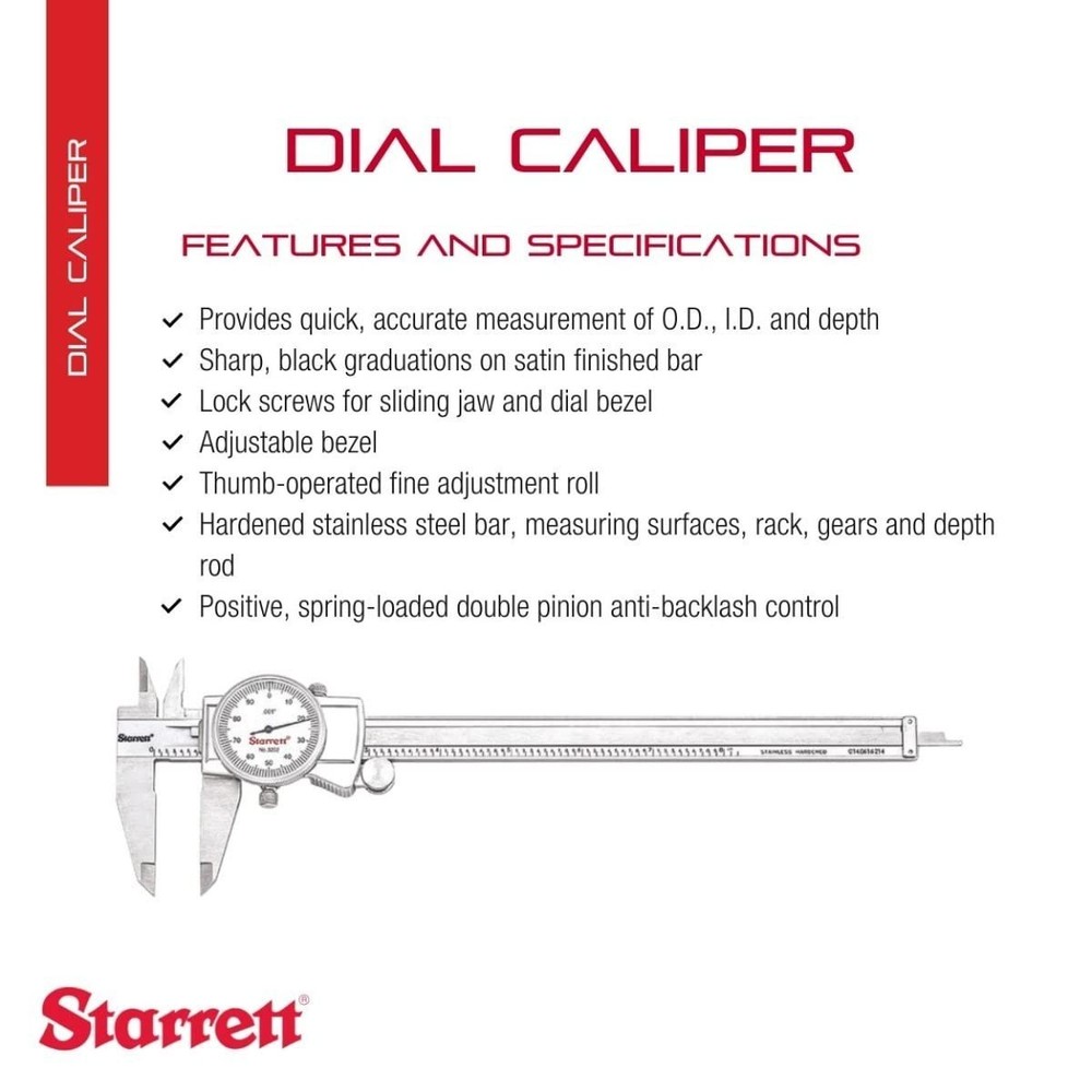 Dial Caliper with Adjustable Bezel and Fitted Case - White Face, 0-8" Range, ...