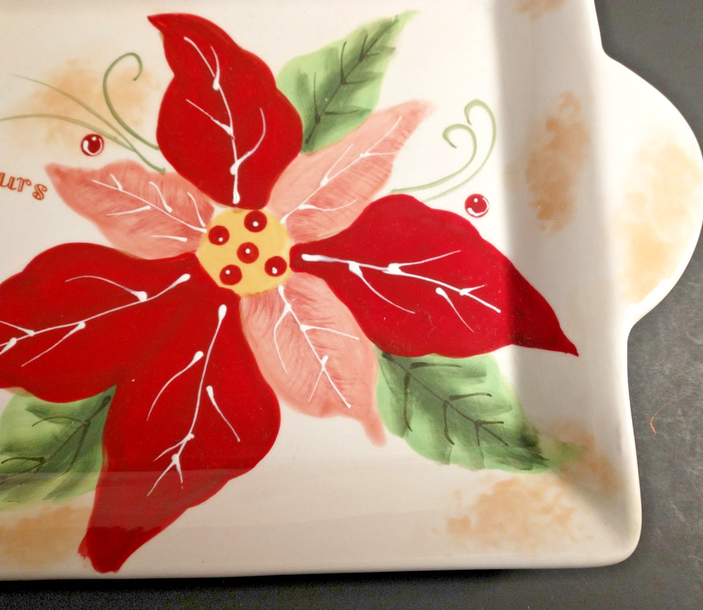 Ganz Ceramic Christmas Poinsettia Rectangular Tray 16.25" handle to handle