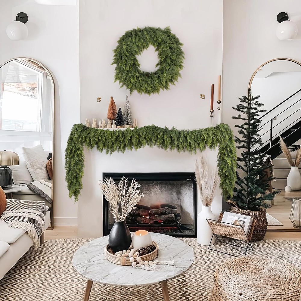 2 Pcs 9ft Christmas Cedar Garland with Soft Thickness Pine, Artificial Green ...