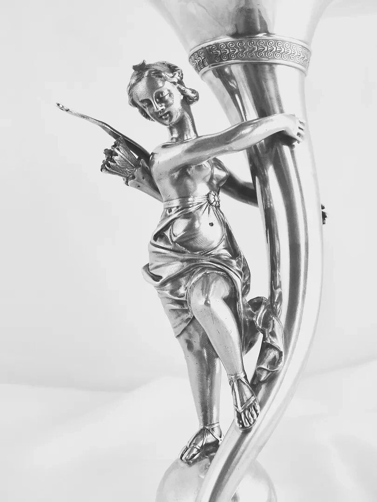 AN ARTISTICALLY PROGRESSIVE GORHAM STERLING SILVER FIGURAL FRUIT STAND,1869
