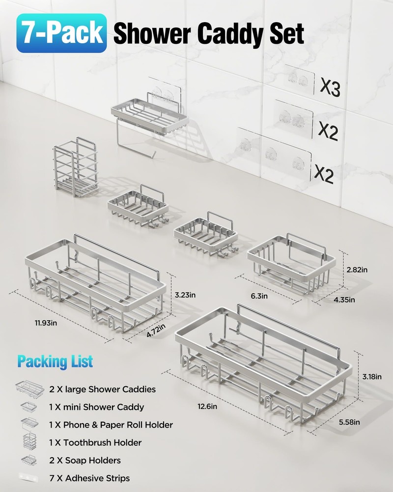 Shower Caddy 7 Pack, Adhesive Bathroom Shower Organizer for Bathroom Storage,...