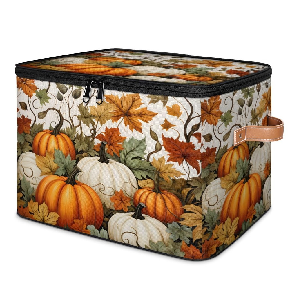 Fall Pumpkin Storage Bins with Lids, Maple Leaf Fabric Storage Boxes with Zip...
