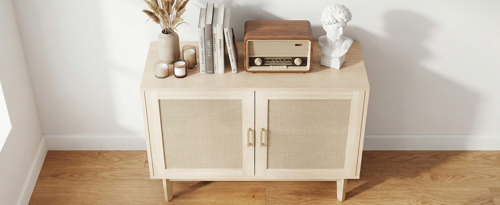 ↑Buffet Cabinet With Rattan Decor Doors Solid Wood Feet Multifunctional