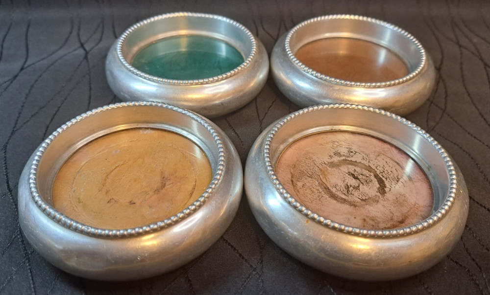 1950s International Silver Delft Coasters Set 4 Silverplate Worn