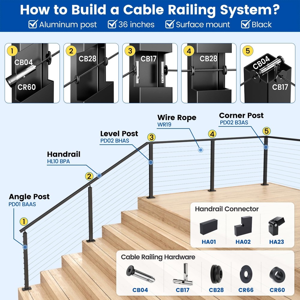 6'6" Aluminum Black Cable Railing Handrail Rectangular Handrail for Cable Rai...