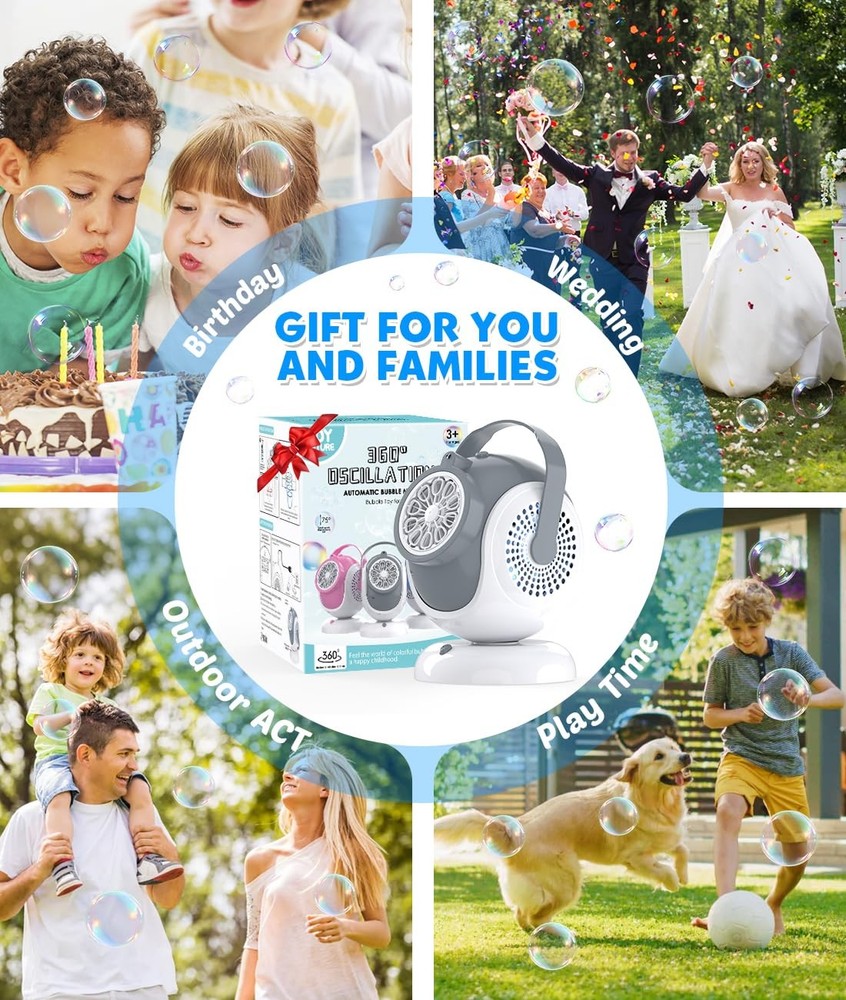 Rechargeable Bubble Machine - Auto 360° Rotation, 75° Tilt Range, 10 Large Wa...