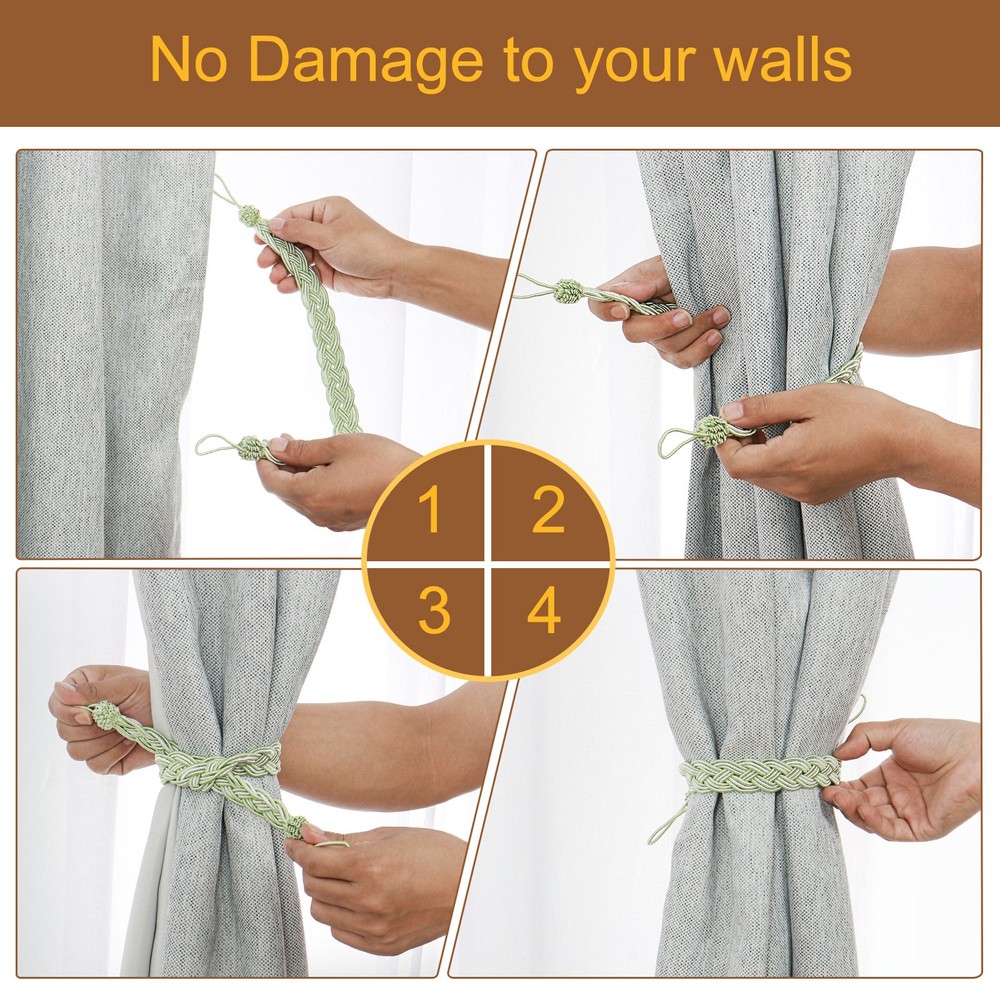 4Pcs 23" Curtain Tiebacks Braid Drapery Holdback Holder with Hooks Beige/Silver