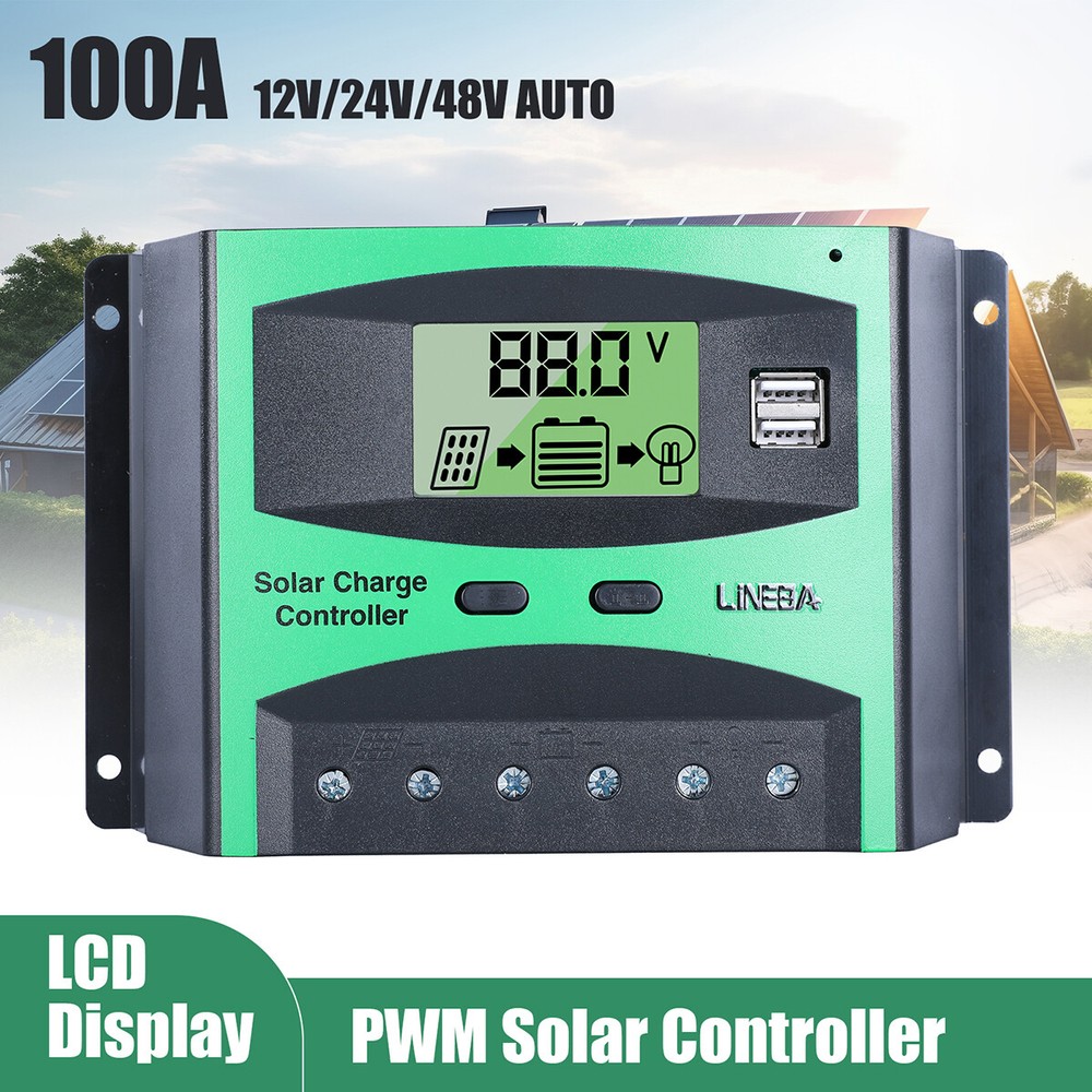 100A Solar Panel Battery Charge Controller 12/24/48V LCD Regulator Auto Dual USB