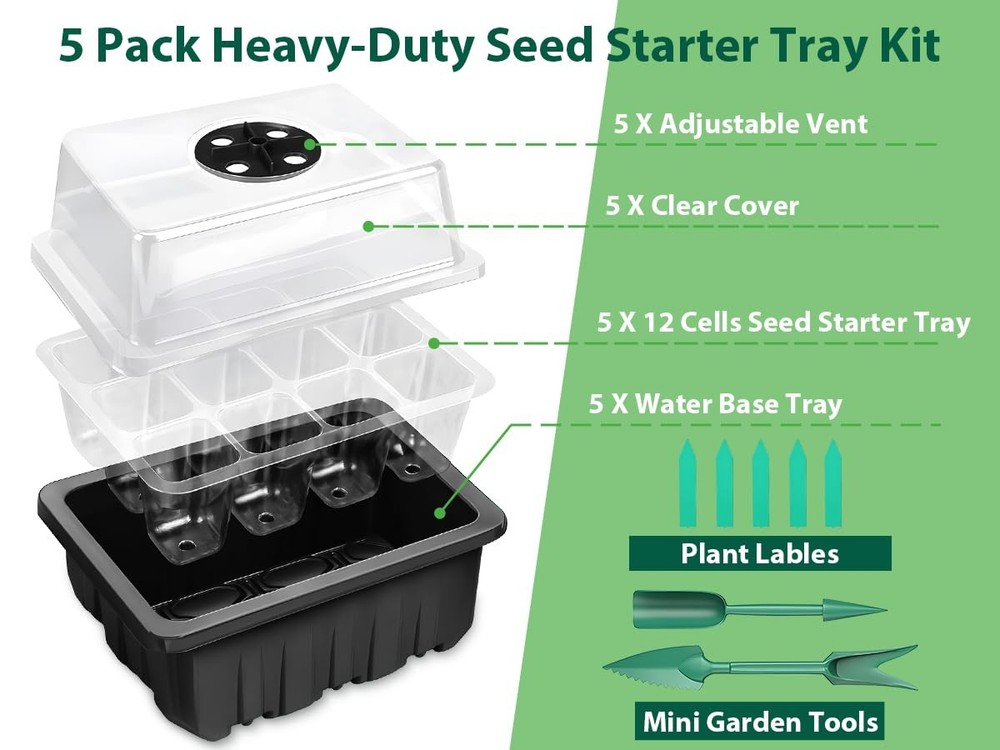 Sfee 5 Pack Seed Starter Tray Kit, 60 Cells Seedling 5 pack, Black