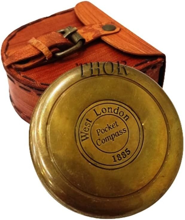 Authentic Vintage Style Brass Pocket Compass with Leather Case Rustic Vintage...